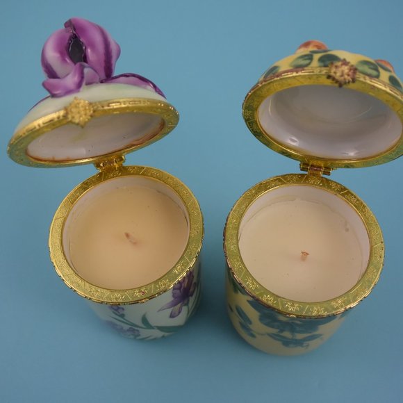 2 Bombay Hinged Candle Holders Trinket Boxes Blue Iris & Bird w Babies LIKE NEW! - Picture 3 of 15